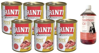 Rinti Kennerfleisch Pute mokré krmivo pre psov - moriak 6x400g + LAB V Lososový olej pre psov a mačky 1000ml