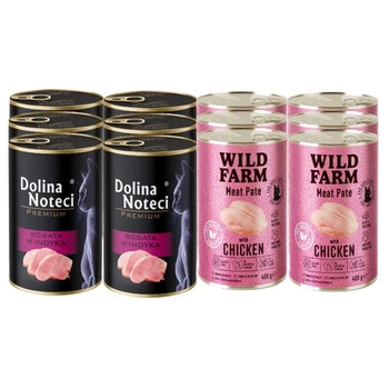 Dolina Noteci Premium pre mačky, bohatá na morčacie mäso 6x400g & WILD FARM Paštéta s kuracím mäsom 6x400g - bezlepkové krmivo pre mačky