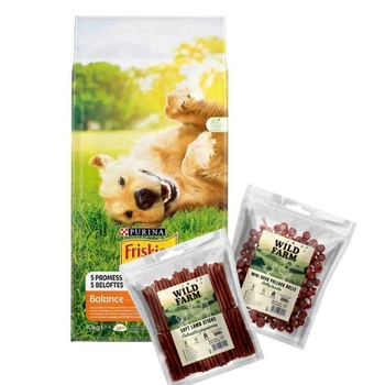 PURINA Friskies Balance 15kg + WILD FARM 2x500g psie maškrty, ZMES PRÍCHUTÍ