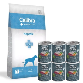 Calibra Veterinary Diets Dog Hepatic 12kg & WILD FARM Superfood Duck 6x400g krmivo pre psov bez obilnín