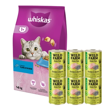 Whiskas granule s tuniakom 14 kg + WILD FARM Premium Grain Free Chicken and Sprats 6x400g