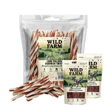 WILD FARM Sendvič s jahňacím mäsom a treskou 500g psia maškrta & WILD FARM králičie prúžky 2x80g psia maškrta