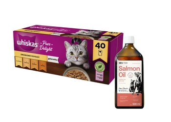 WHISKAS Adult sáčky 40 x 85 g Hydinové hranolky + LAB V Lososový olej obohatený o vitamíny 500ml