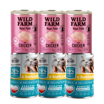 Frendi kúsky v jemnej omáčke s kuracím mäsom 3x400g + WILD FARM Pate Chicken 3x400g