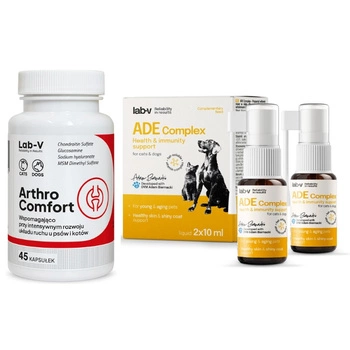 Lab-v ADE Complex – Komplex vitamínov A, D a E vo forme spreja pre psov a mačky 2 x 10 ml & LAB-V Arthro Comfort – Komplexná podpora zdravia kĺbov a pohybového aparátu psov a mačiek 45 kapsúl