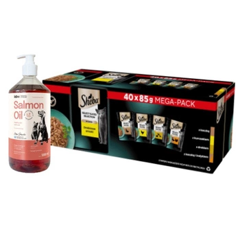 SHEBA Selection Select Slices hydinové príchute vrecúška 40x85g & Lab-v Lososový olej 1000 ml