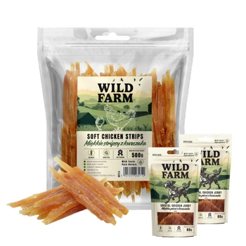 Mäkké kuracie prúžky WILD FARM 500g psia maškrta & WILD FARM mäkké kuracie prasa 2x80g pochúťka pre psa