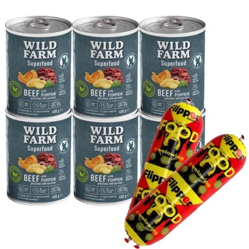 Wild Farm Superfood Beef 6x400g krmivo pre psov bez obilnín & DOLINA NOTECI FLIPPER Klasické s hovädzím mäsom pre psov 2x900g