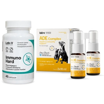 Lab-v ADE Complex – Komplex vitamínov A, D a E vo forme spreja pre psov a mačky 2 x 10 ml & LAB-V Immuno Hard – Posilnenie imunity pre psov a mačky 45 kapsúl