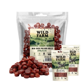 WILD FARM kačacie rolky 500g psia maškrta & WILD FARM mäkké kuracie prsia 2x80g psia maškrta