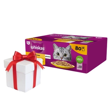 WHISKAS Adult sáčok 80 x 85 g Hydinové kúsky - vlhké krmivo pre dospelé mačky v želé (kúsky s: kuracím, kačacím, hydinovým, morčacím mäsom) + ZADARMO prekvapenie pre mačku!