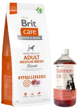 BRIT CARE Dog Hypoallergenic Adult Medium Breed Lamb 12kg & LAB V Lososový olej pre psov a mačky 1000ml