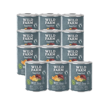 WILD FARM Superfood Beef (hovädzie mäso s tekvicou, zemiakmi a petržlenovou vňaťou) 12x800g krmivo pre psov bez obilnín