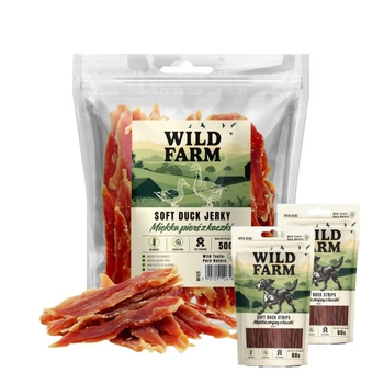 WILD FARM mäkké kačacie prsia 500g pre psa & WILD FARM králičie prúžky 2x80g psia maškrta