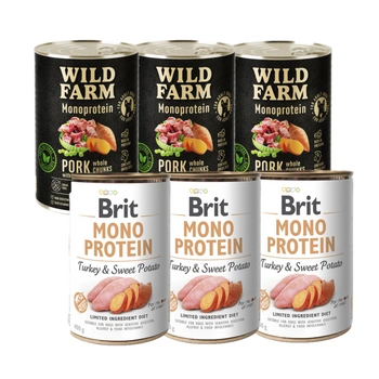BRIT MONO PROTEIN MORČACIE A SLADKÉ ZEMIAKY 3x400g + MONOPROTEÍNOVÉ BRAČOVÉ MÄSO Z WILD FARMU 3x400g