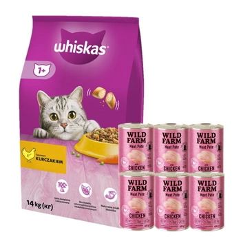 Whiskas s kuracím mäsom 14 kg + WILD FARM Pate Chicken 6x400g