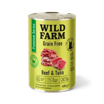 WILD FARM Prémiové bezobilné hovädzie mäso a tuniak 400g - krmivo pre mačky bez obilnín