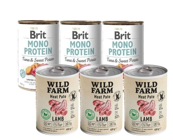 BRIT MONO PROTEIN TUNA & SWEET POTATO 3x400g & WILD FARM Pate Lamb 3x400g bezlepkové krmivo pre psov