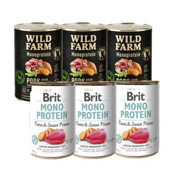 BRIT MONO PROTEIN TUNIAK A SLADKÉ ZEMIAKY 3x400g + Wild Farm Monoproteín z diviaka 3x400g