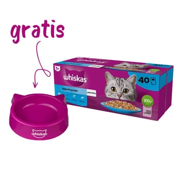 WHISKAS Adult sáčky 40 x 85 g Fishy Treats - vlhké krmivo pre dospelé mačky v želé (kúsky s: lososom, tuniakom, treskou, bielou rybou) + MISKA PRE KOČKY GRATIS