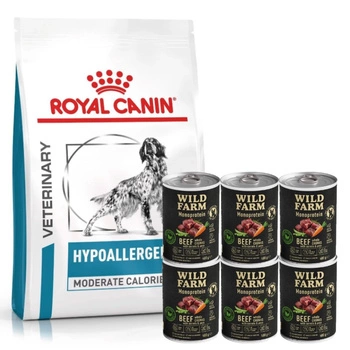 Royal Canin Veterinary Health Nutrition Dog Hypoallergenic Moderate Calorie 14 kg & WILD FARM Monoproteínové hovädzie 6x400g hypoalergénne krmivo pre psov