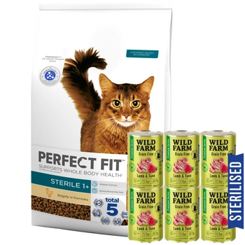 Perfect Fit™ - suché kompletné krmivo pre dospelé mačky po kastrácii, bohaté na kuracie mäso 7kg + WILD FARM Premium Grain Free Lamb and Tuna 6x400g