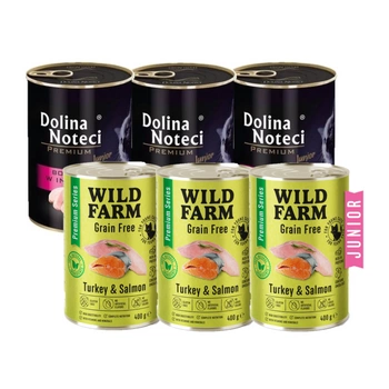 Dolina Noteci Premium Junior pre mačky s vysokým obsahom morčacieho mäsa 3x400g + WILD FARM Premium Grain Free Turkey and Salmon 3x400g