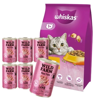 WHISKAS Adult 7 kg - suché krmivo pre dospelé mačky, s lahodným kuracím mäsom & WILD FARM Pate Lamb 6x400g - bezlepkové krmivo pre mačky