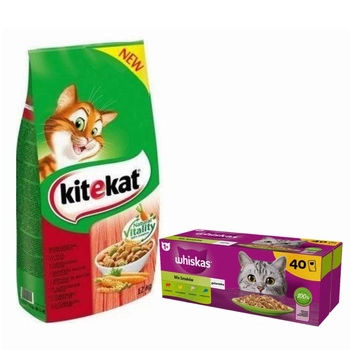 KITEKAT s hovädzím mäsom a zeleninou 12 kg & WHISKAS Sáčky pre dospelých 40 x 85 g Mix príchutí