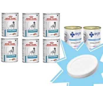 Royal Canin Veterinary Health Nutrition Dog Hypoallergenic 6x400g + ENZO VET Hypoalergénna diéta s králikom pre psy 2x400g + Veko na 400g plechovku - 7,6 cm ZADARMO!