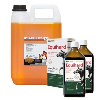 LAB-V Ľanový olej Leinöl pre kone, psy a mačky 5000ml & Lab-v Equihard 2x500ml
