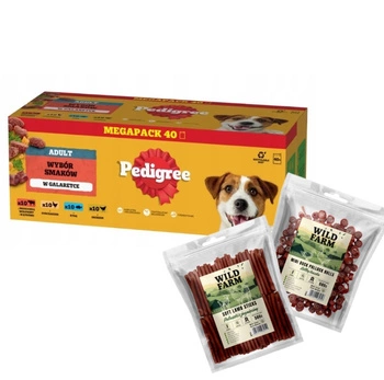 PEDIGREE Adult kapsičky 40x100g Mix príchutí - vlhké krmivo pre psov v želé (s hovädzím, kuracím, jahňacím a hydinovým mäsom) + WILD FARM 2x500g psie maškrty, ZMES PRÍCHUTÍ