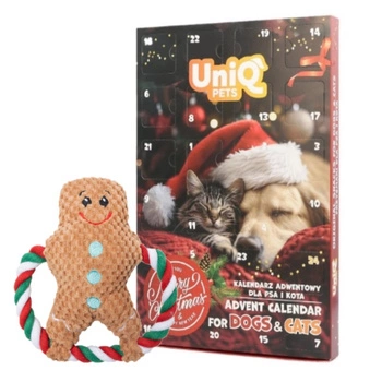 Adventný kalendár UNIQ PETS v limitovanej edícii pre psy a mačky & UNIQ PETS PLYŠOVÁ HRAČKA PRE PSOV SQUEAKIES ťahadlo na krúžky snehuliak s pištičkou 20×20cm