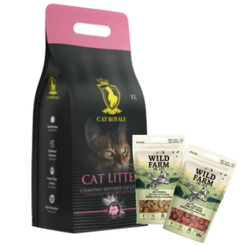 Cat Royale Baby Powder bentonitová drť 5l & WILD FARM MIX OF FLAVORS 2x50g maškrta pre mačky