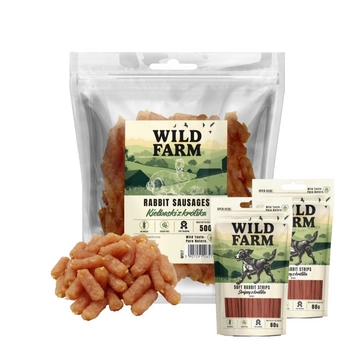 Psí maškrta WILD FARM s králičími klobásami 500g & WILD FARM mäkké kuracie prsia 2x80g psia maškrta