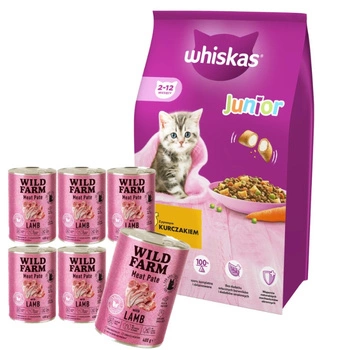 WHISKAS Junior chicken 14kg & WILD FARM Paštéta s kuracím mäsom 6x400g - bezlepkové krmivo pre mačky