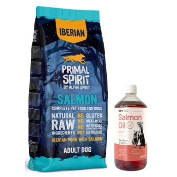 PRIMAL SPIRIT Iberian Salmon 12kg & LAB V Lososový olej pre psy a mačky 1000ml