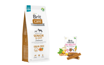 BRIT CARE Dog Grain-free Senior & Light Salmon 12kg + BRIT CARE Dog Dental Stick Mobility with Curcuma & Collagen 7szt