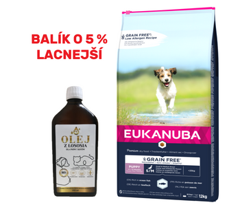 EUKANUBA Puppy&Junior Small/Medium Grain Free 12kg + Lososový olej obohatený o vitamíny 500ml -5%