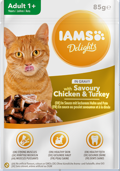 IAMS-Naturally krmivo pre dospelé mačky, s aromatickým kuracím a morčacím mäsom v omáčke 85g