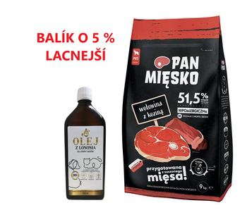 PAN MIĘSKO Hovädzie mäso s kozím mäsom M 20kg + Lososový olej obohatený o vitamíny 500 ml