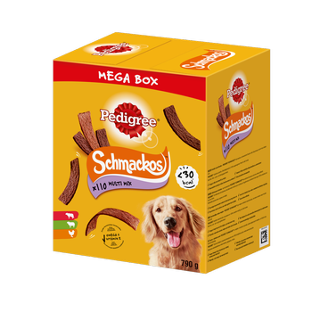 PEDIGREE® Mega Box SchmackosTM - doplnkové krmivo pre dospelé psy (príchuť hovädzie, jahňacie a hydina) - 790g