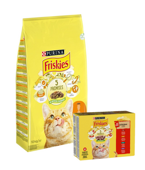 PURINA Friskies Krmivo pre mačky s kuracím mäsom a zeleninou 10kg + PURINA Friskies Cat mäso v omáčke MIX Príchute  12x85g