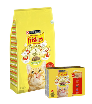 PURINA Friskies Krmivo pre mačky so zmesou hovädzieho a kuracieho mäsa so zeleninou 10kg + PURINA Friskies Cat mäso v omáčke MIX Príchute 12x85g