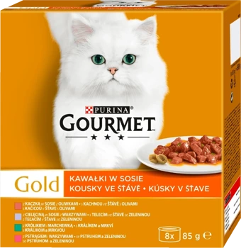 Purina Gourmet Gold kúsky v omáčke (kačica, pstruh, králik, teľacie mäso) 8x85g