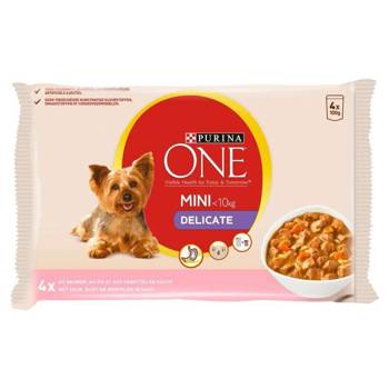 Purina One Mini Delicate krmivo pre psov s lososom, ryžou a mrkvou v omáčke 4 x 100g