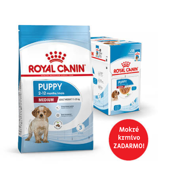 ROYAL CANIN Medium Puppy 15kg suché krmivo pre šteňatá, 2 až 12 mesiacov, stredné plemeno+Mokré krmivo ZADARMO!
