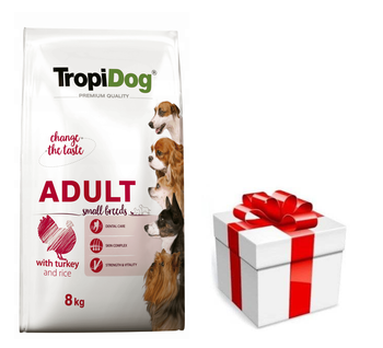 TROPIDOG Premium Adult Small Breeds s morčacím mäsom a ryžou 8kg + prekvapenie pre vášho psa ZDARMA