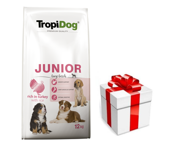 TROPIDOG Premium Junior L s krůtím masem a rýží 12kg + Prekvapenie pre vášho psa ZDARMA