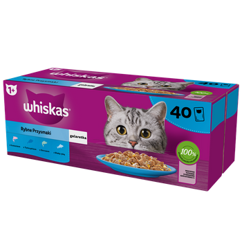 WHISKAS Adult sáčky 40 x 85 g Fishy Treats - vlhké krmivo pre dospelé mačky v želé (kúsky s: lososom, tuniakom, treskou, bielou rybou)